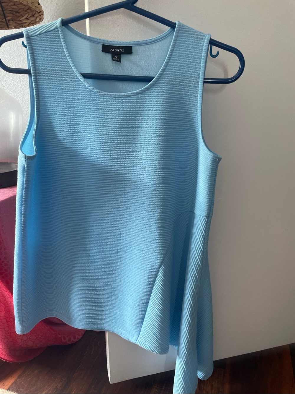 Alfani Petite Medium Blue Textured Sleeveless Asymmetrical Top